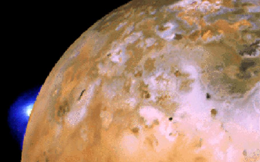 Voyager 2 captures an eruption on the Jupiter's satellite lo. Scientists at NASA called the discovery of active volcanism on Io, "the greatest surprise of the entire Voyager mission. It was the first time active volcanoes had been seen on another body in the solar system."