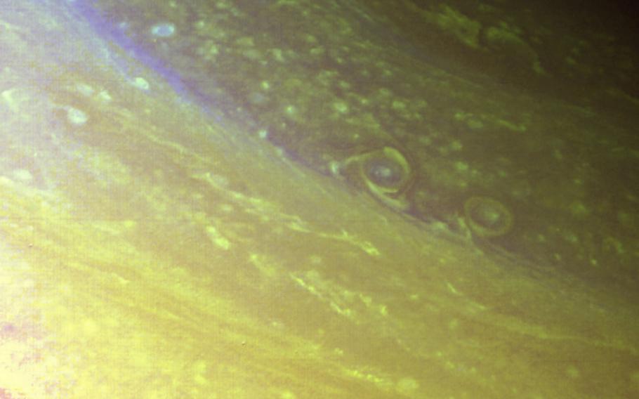 Voyager 2 snapped this image of the Saturn's northern polar region on Aug. 25, 1981. The image shows many  bright, small-scale cloud spots, the smallest of which are 10 miles across.