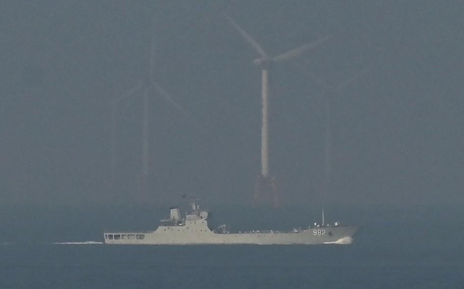 A PLA Navy landing ship sails towards the zone where China said it would conduct live fire exercises northeast of Pingtan Island, the closest point in China to Taiwan, in China's southeast Fujian province on Apr. 10, 2023. 