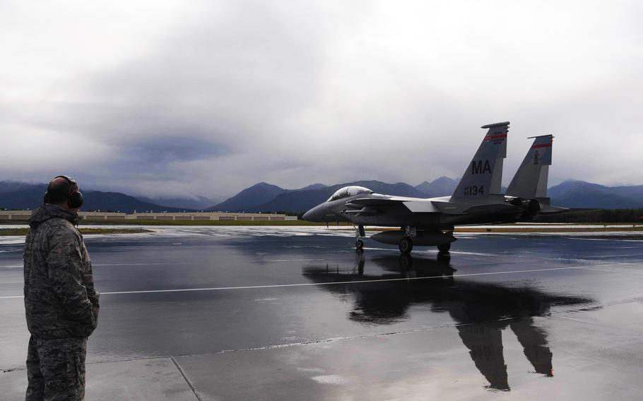 An F-15 Eagle from the Massachusetts Air National Guard's 104th Fighter Wing taxis down the flight line Aug. 5, 2011, prior to take-off while deployed to Joint Base Elmendorf-Richardson, Alaska, for training.