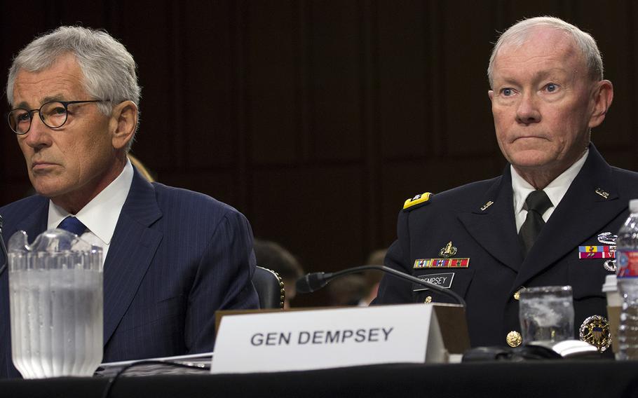 Secretary of Defense Chuck Hagel and Chairman of the Joint Chiefs of Staff Gen. Martin Dempsey, during a Senate Armed Forces Committee hearing on Capitol Hill, Sept. 16, 2014.
