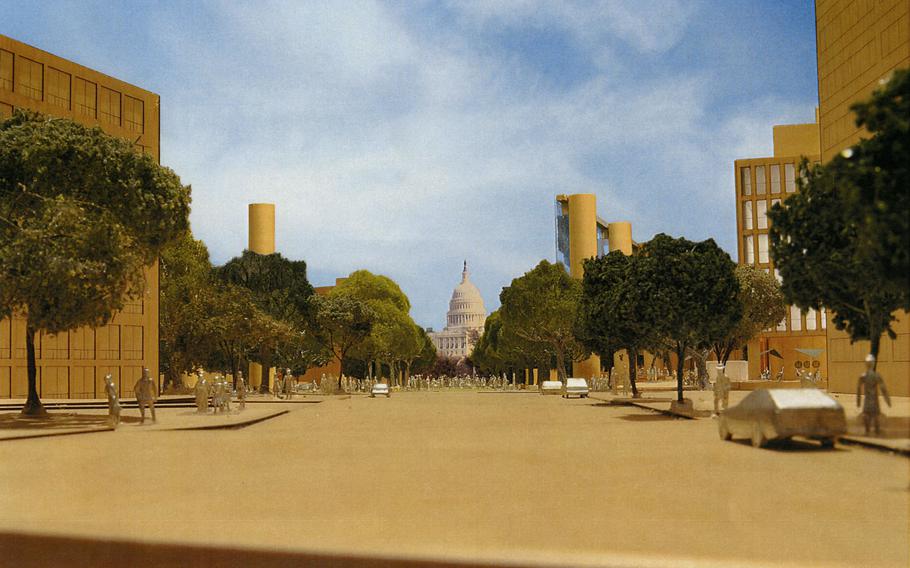 A view of the horizontal framing of the U.S. Capitol from a revised proposal for the Eisenhower Memorial designed by architect Frank Gehry.