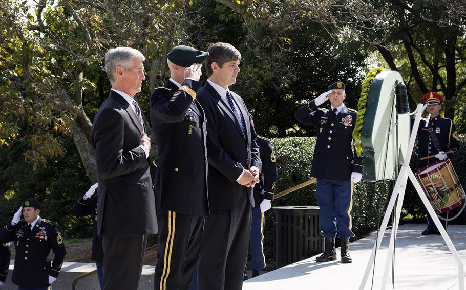Secretary of the Army John McHugh, Brig. Gen. Darsie Rogers and the nephew of John F. Kennedy, William Kennedy Smith, at the Wreath Laying Ceremony on Oct. 21, 2014. 