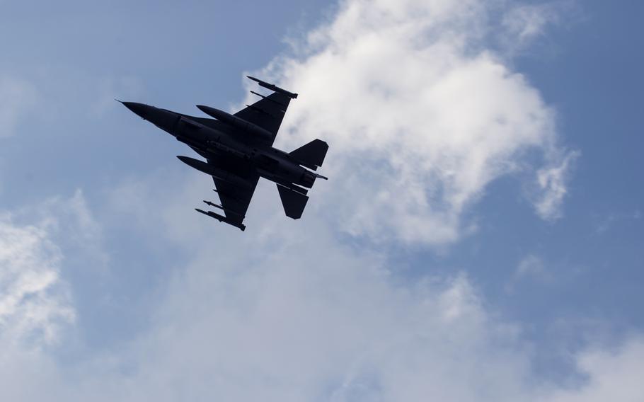 An F-16 Fighting Falcon takes off during Southern Strike 15 (SS15) at Camp Shelby Joint Forces Training Center, Miss., Oct. 29, 2014.