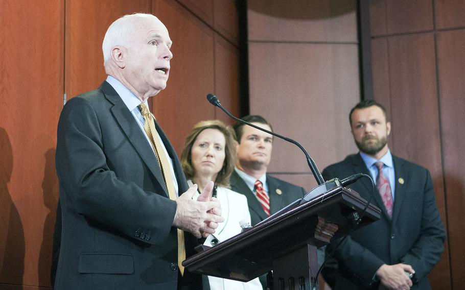 Sen. John McCain, R- Ariz., joined a gathering of U.S. lawmakers and former servicemembers, familiar with the crucial firepower A-10 Thunderbolt aircraft provide in military operations, vowing to fight the Air Force on its decision to retire the "Warthog," during a briefing on Capitol Hill on Nov. 13, 2014.