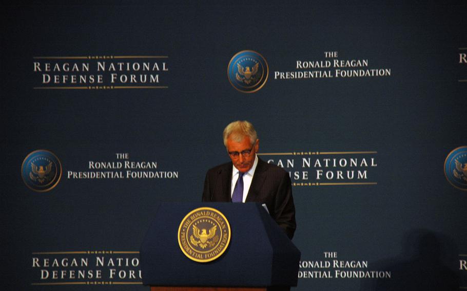 Secretary of Defense Chuck Hagel at the Reagan National Defense Forum in Simi Valley, Calif., on Saturday