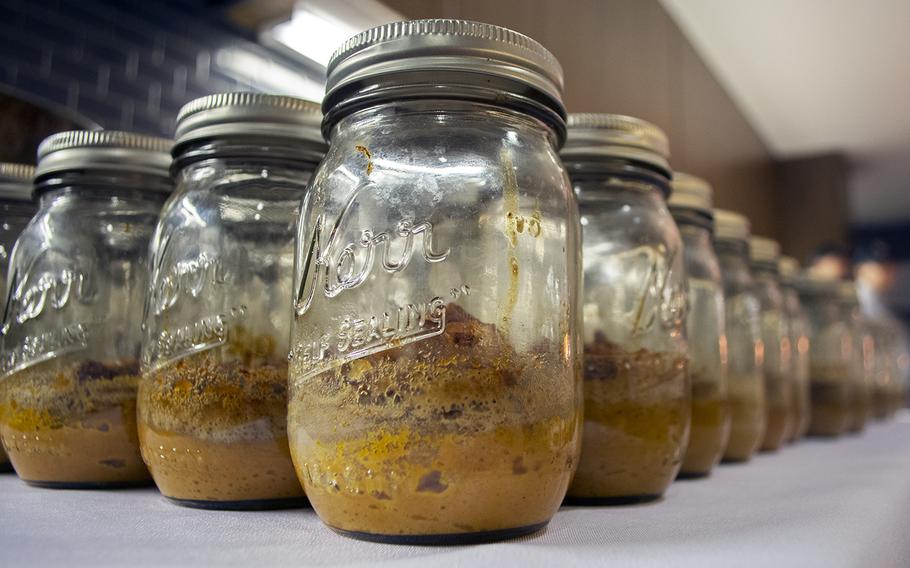 Pumpkin Pie in a Jar wait to be distributed to guests at the USO in Bethesda, Md., during the launch of the Make a Moment campaign on Nov. 20, 2014.