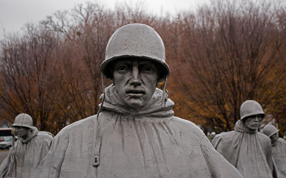 The Korean War Memorial is covered in sleet on Wednesday, Nov. 26, 2014. 