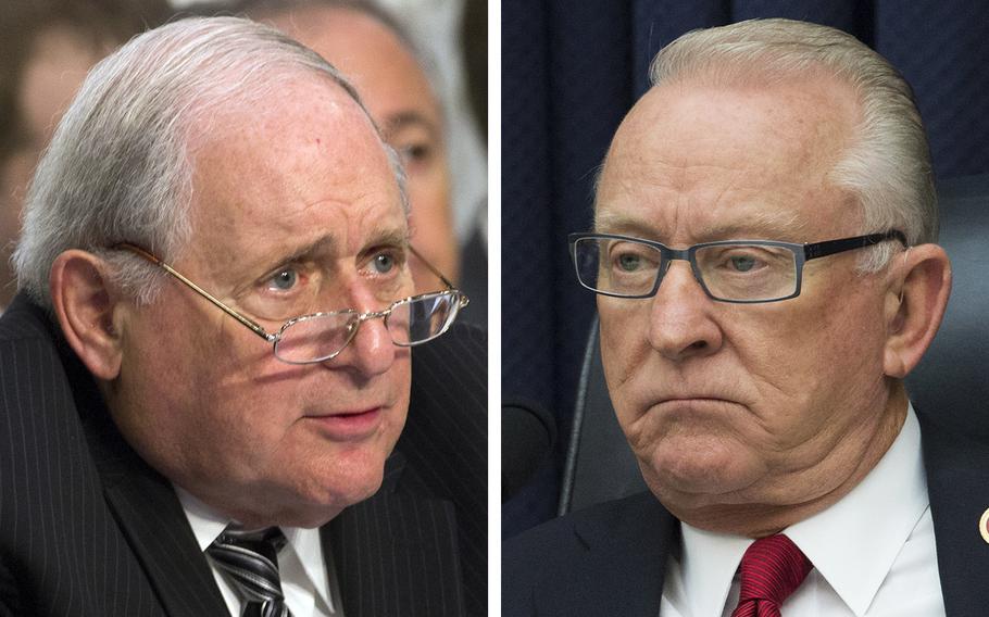 Knocking heads over provisions of the defense bill are the retiring chairmen of the armed services committees, Sen. Carl Levin, D-Mich., left, and Rep. Harold “Buck” McKeon, R-Calif.