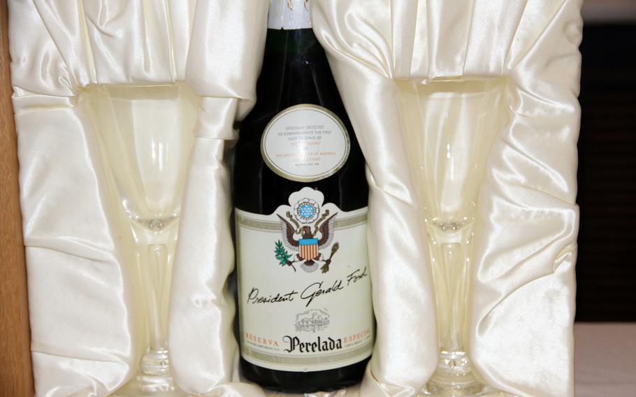 Four survivors of the USS Arizona will toast their shipmates on Sunday, Dec. 7, with this sparkling wine given to them by President Gerald Ford in 1975. The wine flutes once belonged to the ship, which is now a submerged memorial in Pearl Harbor.