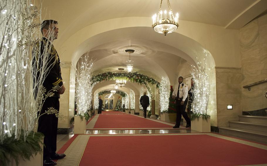 A hallway in the White House is lightly decorated on Dec. 3, 2014.