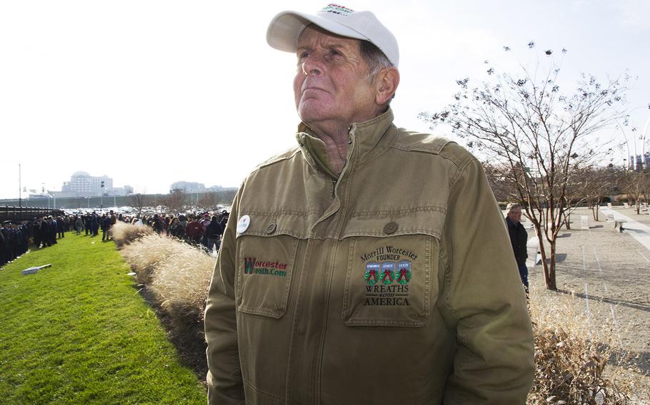 Wreaths Across America founder Morrill Worcester watches as wreaths are placed at the National 9/11 Pentagon Memorial in Arlington, Va., Dec. 12, 2014.