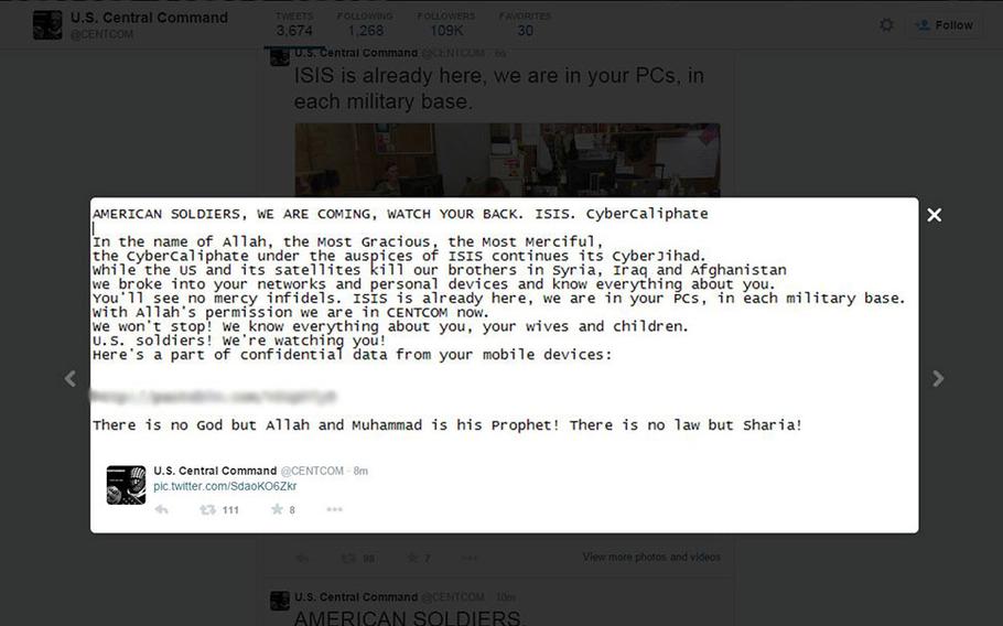 A threatening message posted to CENTCOM's Twitter account.