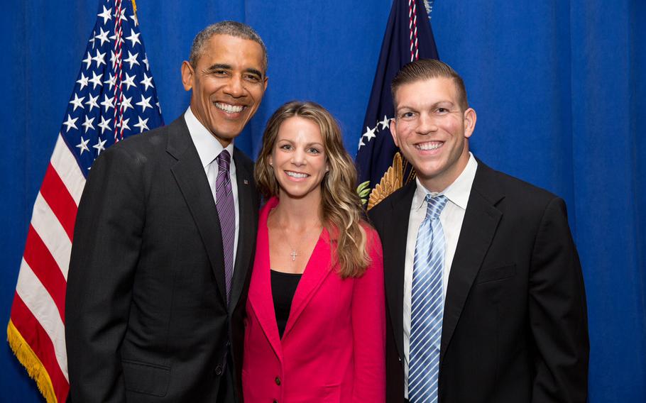 Maj. Patrick Miller and his wife, Ashley, met President Barack Obama a few months after Miller was shot by Spc. Ivan Lopez at Fort Hood, Texas, on April 2, 2014. Miller was still in the hospital when Obama traveled to Texas for a memorial service after the shooting. 