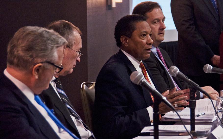 Alphonso Maldon, Jr., chairman of the Military Compensation and Retirement Modernization Commission, speaks at a Jan. 29, 2015 press conference in Arlington, Va., revealing changes to pensions, health care and other troop benefits following its two-year review.