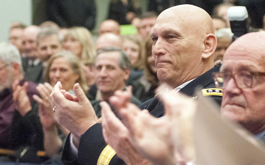 Gen. Ray Odierno applauds during a swearing-in ceremony at the Pentagon in Arlington, Va., on Jan. 30, 2015, as Sgt. Maj. Daniel Dailey became the 15th Sergeant Major of the Army.