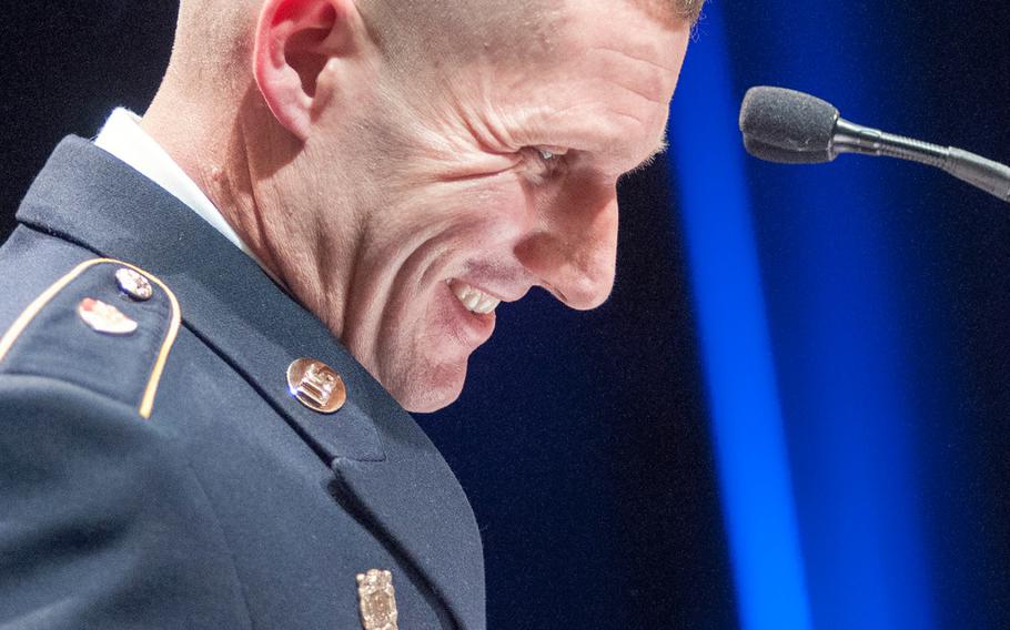 Sgt. Maj. Daniel Dailey smiles as he recalls the people who were instrumental in helping him become the 15th Sergeant Major of the Army during a swearing-in ceremony at the Pentagon in Arlington, Va., on Jan. 30, 2015.