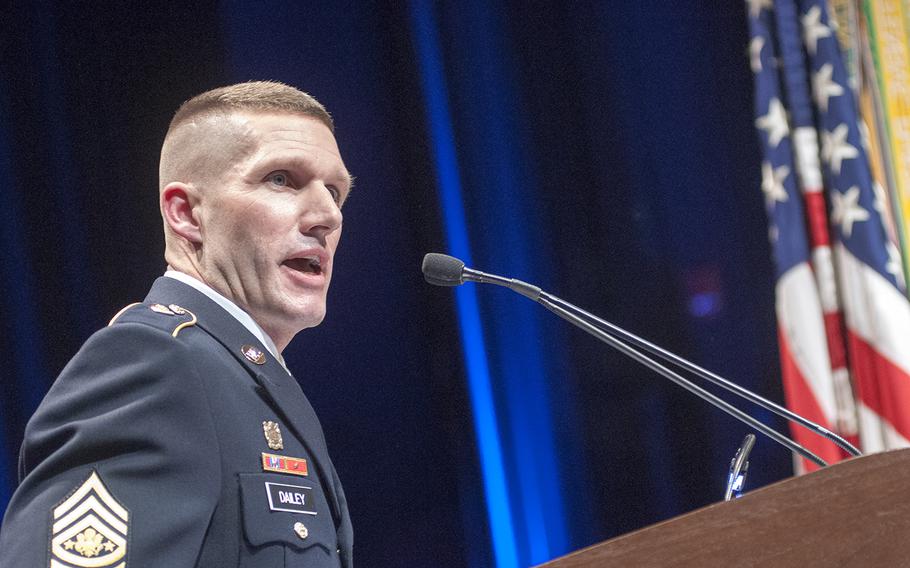 Sgt. Maj. Daniel Dailey speaks after becoming the 15th Sergeant Major of the Army during a swearing-in ceremony at the Pentagon in Arlington, Va., on Jan. 30, 2015. 
