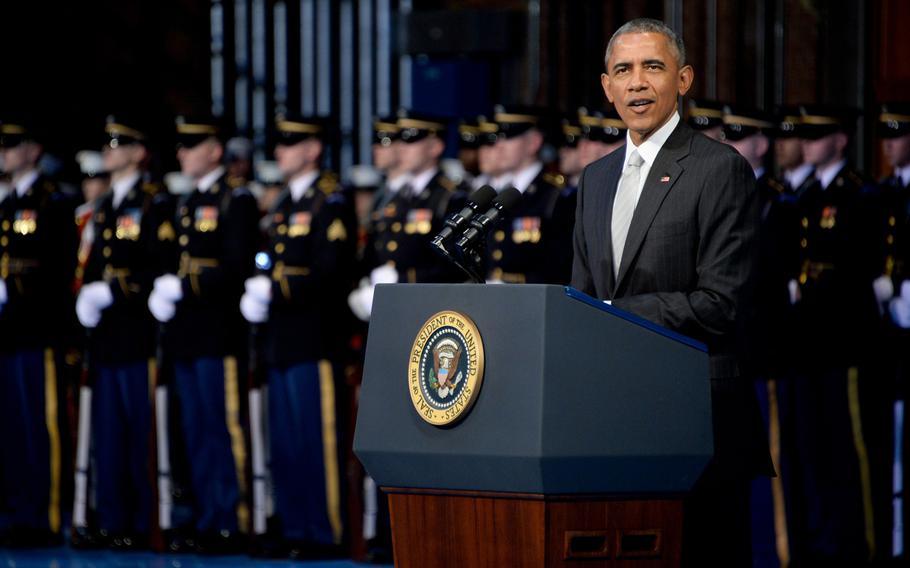 President Barack Obama speaks during U.S. Defense Secretary Chuck Hagel's farewell tribute at Conmy Hall on Joint Base Myer-Henderson Hall in Arlington, Va., Jan. 28, 2015. Obama is asking Congress for $585.3 billion in defense spending for fiscal 2016.