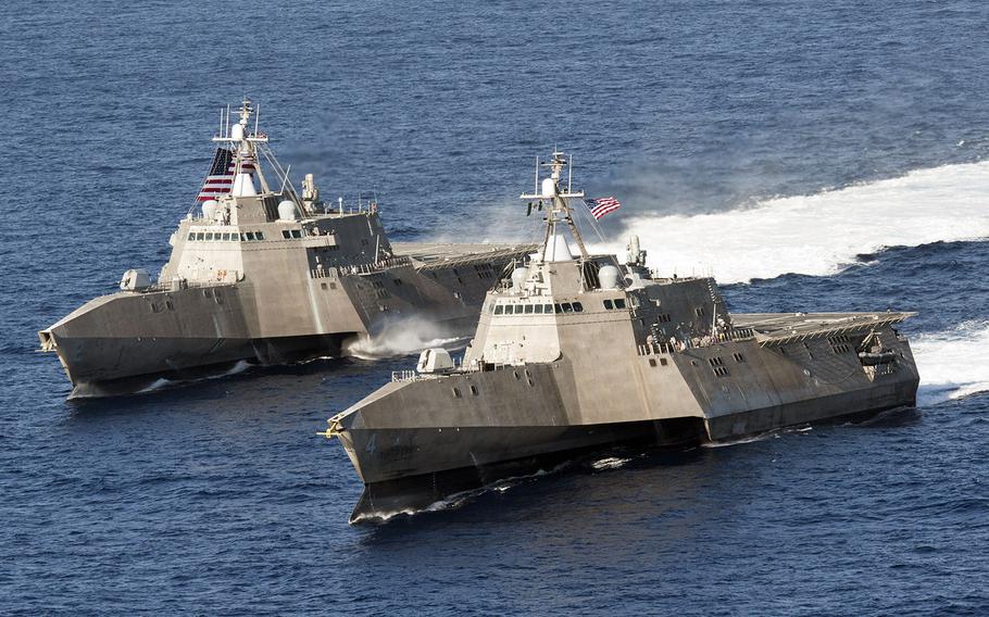 The littoral combat ships USS Independence (LCS 2), left, and USS Coronado (LCS 4), underway in the Pacific Ocean in April, 2014. President Obama's 2016 budget request includes funding for three more of the ships.

