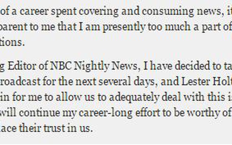 Brian Williams memo to his NBC staff