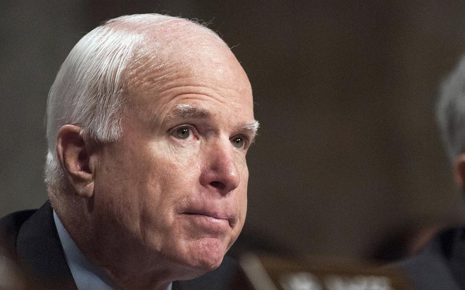 Sen. John McCain, R-Ariz., attends a Senate Armed Services Committee hearing on Capitol Hill on Wednesday, Feb. 4, 2015. On Tuesday, Feb. 10, 2015, McCain and other committee members considered proposals to reverse the decline of defense spending.