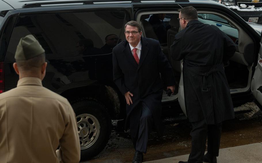 Ashton Carter arrives at the Pentagon on Tuesday, Feb. 17, 2015, to assume duties as the newly appointed defense secretary.