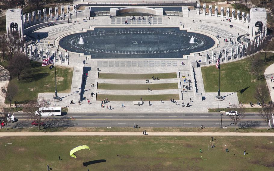 The National World War II Memorial, as seen from from the top of the Washington Monument during the fifth annual Blossom Kite Festival in Washington, D.C., March 28, 2015.