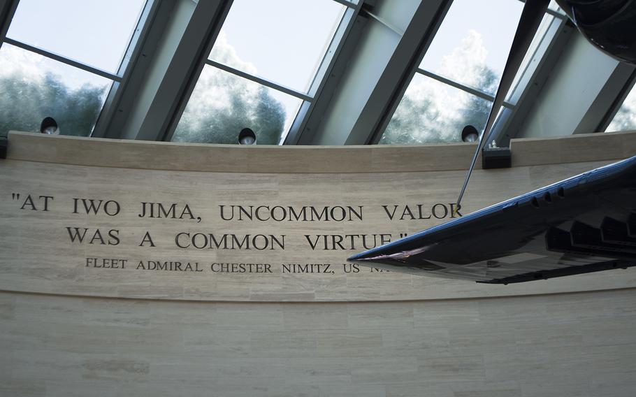 When entering the National Museum of the Marine Corps, visitors first walk into the Leatherneck Gallery, where planes hang from the ceiling and a few large displays rest. Along the edge of the see-through ceiling (covered slightly in snow in this Feb. 19, 2015 photo), are quotes by famous Marines. 