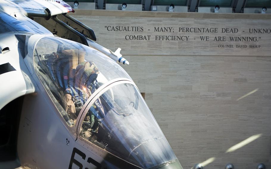 When entering the National Museum of the Marine Corps, visitors first walk into the Leatherneck Gallery, where planes hang from the ceiling and a few large displays rest. Along the edge of the see-through ceiling, are quotes by famous Marines. In this photo from Feb. 19, 2015, snow coats the very edge of the ceiling. 