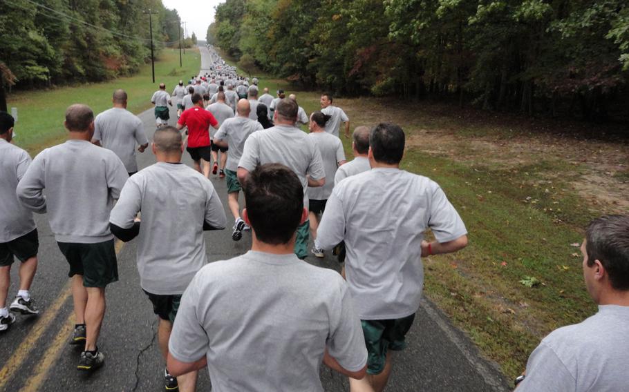 FBI academy students take part in a 6-mile run called the 'Yellow Brick Road' toward the end of their training.