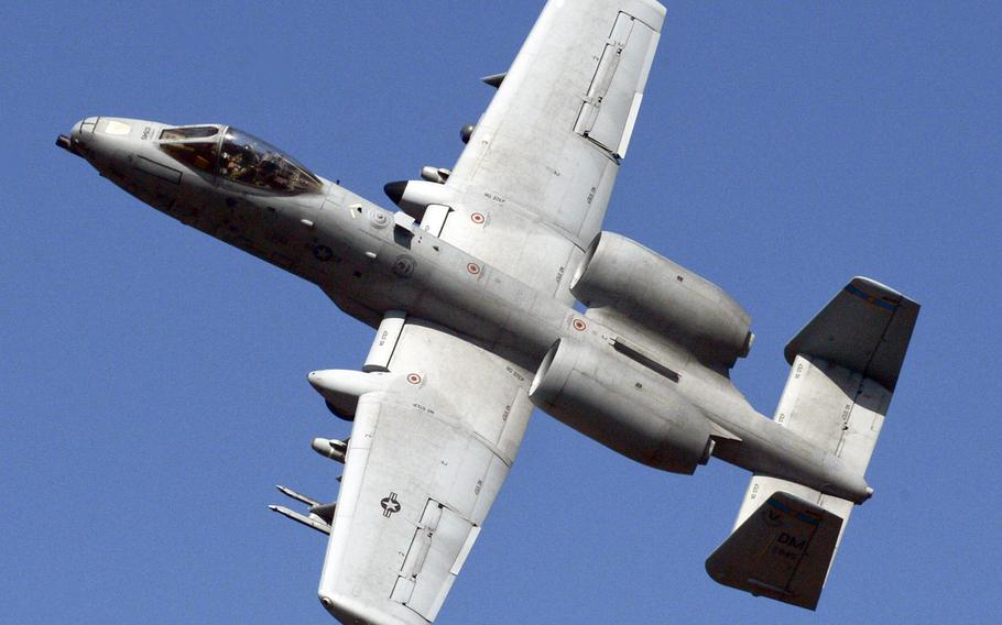 A U.S. Air Force A-10 Thunderbolt II in the air during a theater security package deployment at Campia Turzii, Romania, April 1, 2015.