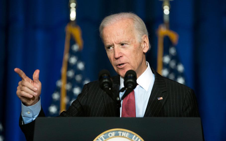 Vice President Joe Biden speaks about U.S. military successes against the Islamic State at National Defense University at Fort McNair in Washington, on Thursday, April 9, 2015.