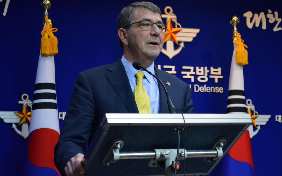 Defense Secretary Ash Carter gives a speech at the Ministry of National Defense in Seoul on April 10, 2015. Carter talked about North Korea, the deployment of the THAAD missile defense system and the South China Sea. 

