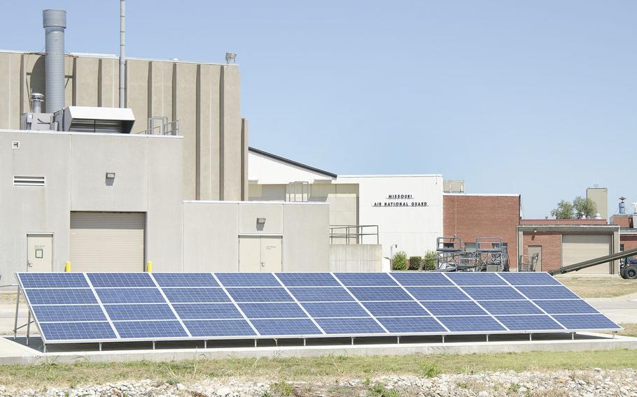 Solar panels, seen here in 2012, provide electrical power for some of the buildings at Rosecrans Air National Guard Base, in St. Joseph, Mo. The Department of Veterans Affairs said Thursday that a Little Rock solar panel project is “operational and working well” despite reports of troubles and an inquiry by an Arkansas lawmaker.

