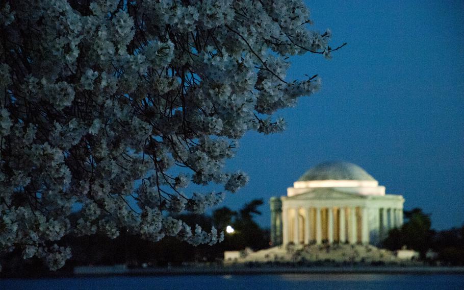 The Jefferson Memorial at dusk during cherry blossom season in Washington, D.C. on April 12, 2015.