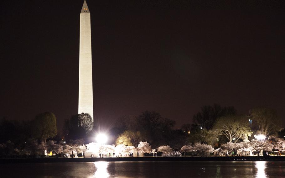 The Tidal Basin at night, during cherry blossom season in Washington, D.C. on April 12, 2015.