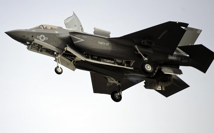 A Marine Fighter Attack Squadron 121 F-35B Joint Strike Fighter prepares to make a vertical landing aboard Marine Corps Air Station Yuma, Ariz., March 21, 2013.