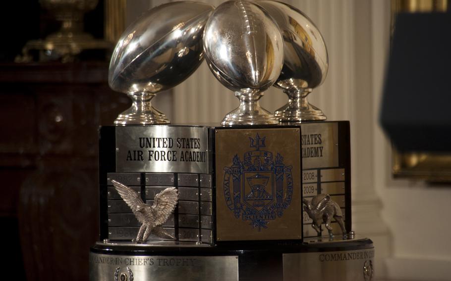 The Commander-in-Chief's Trophy sits at the White House before being presented to the U.S. Air Force Academy football team by President Barack Obama on May 7, 2015.
