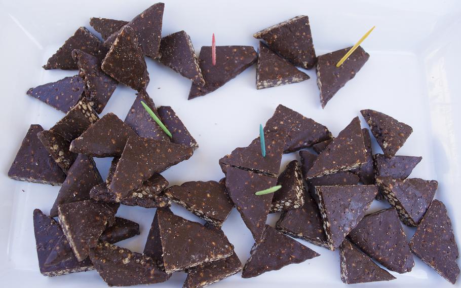 A chocolatey Calcium/Vitamin D Bar on display for people to taste at the first ever DoD Lab Day at the Pentagon on May 14, 2015. The First Strike Bar is a lightweight and calorically dense, making it a critical component in combat rations. It is fortified with 1000mg of Calcium and 50mcg of Vitamin D. 