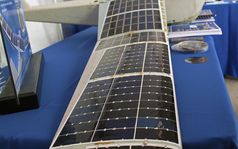 A Long Endurance Solar Small Unmanned Aircraft on display at the first DoD Lab Day at the Pentagon on May 14, 2015. It has demonstrated more than a 60-75 percent increase in flight endurance and it has the potential for ultra-long endurance solar/fuel cell battery power system. It was developed by the Air Force Research Laboratory. 