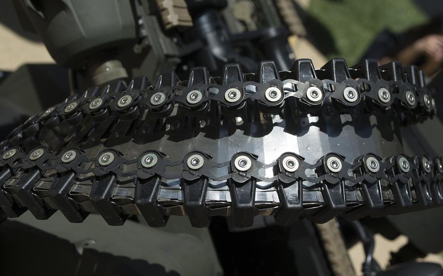 A close up of a Modular Advanced Armed Robotic System during the Pentagon's DoD Lab Day on May 14 ,2014. (Meredith Tibbetts/Stars and Stripes)