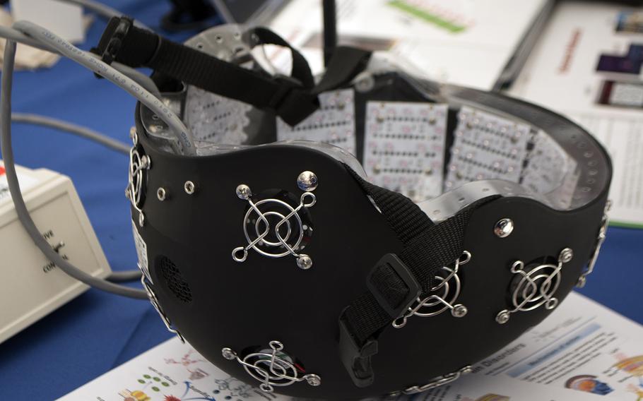 A futuristic helmet is on display at the first ever Department of Defense Lab Day on May 14, 2015. (Meredith Tibbetts/Stars and Stripes)