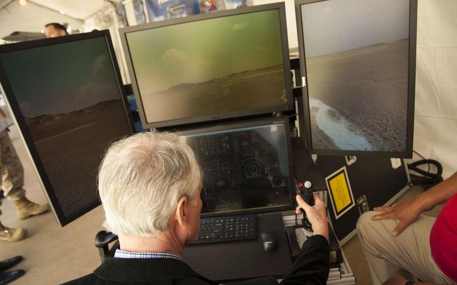 Software that takes over to prevent a jet from crashing is on display at DOD Lab Day at the Pentagon on May 14, 2015. 