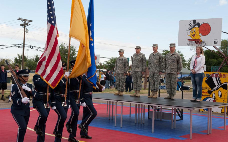 Members of the Steel Talons Honor Guard present the colors to kick off the local Armed Forces Day Celebration at Alamogordo, N.M., May 16, 2015. Created by Secretary of Defense Louis Johnson in 1949, Armed Forces Day is a single-day celebration to pay special tribute to the men and women of the armed forces.