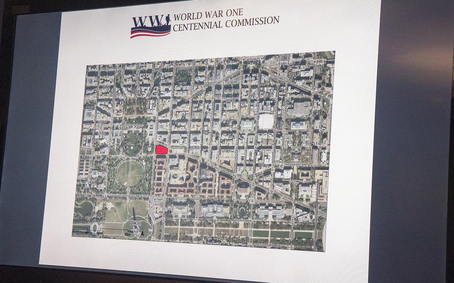 A graphic on display at the National Press Club in Washington, D.C., shows the site selected for a World War I memorial in the nation's capital. WWI Centennial Commission officials announced Thursday, May 21, 2015, the start of the National World War I Memorial Design Competition.