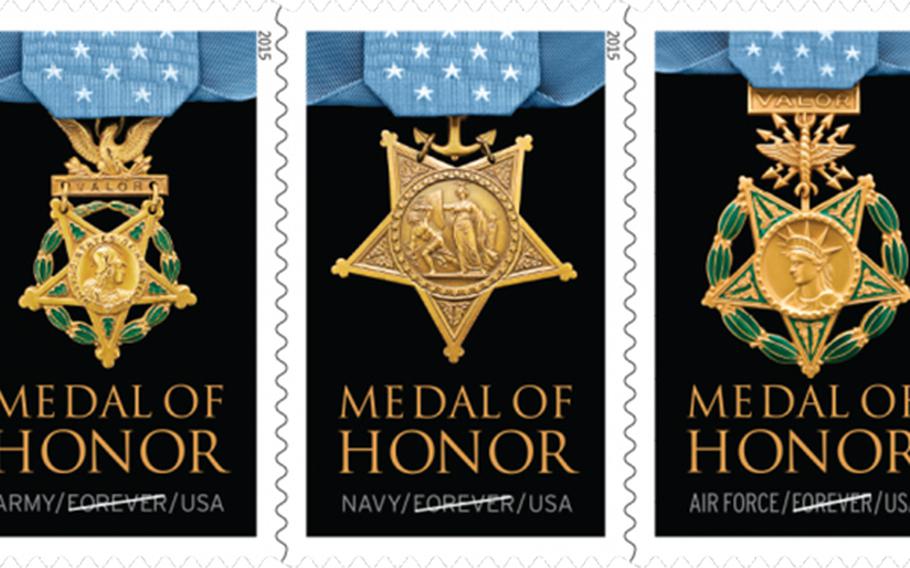 These stamps, featuring the Army, Navy/Marine Corps and Air Force versions of the Medal of Honor, will be unveiled at a ceremony on Monday at the Vietnam Veterans Memorial in Washington, D.C.