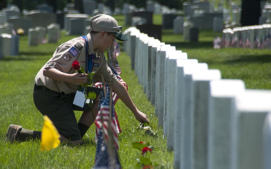 Boy Scout Liam Kellogg of Troop 884 helps lay roses at gravestones at Arlington National Cemetery for Memorial Day on May 24, 2015.