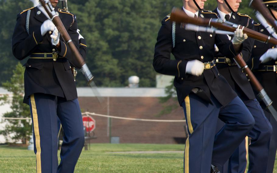 Soldiers at Joint Base Myer-Henderson Hall in Arlington, Va., on June 10, 2015, as part of the Twilight Tattoo.