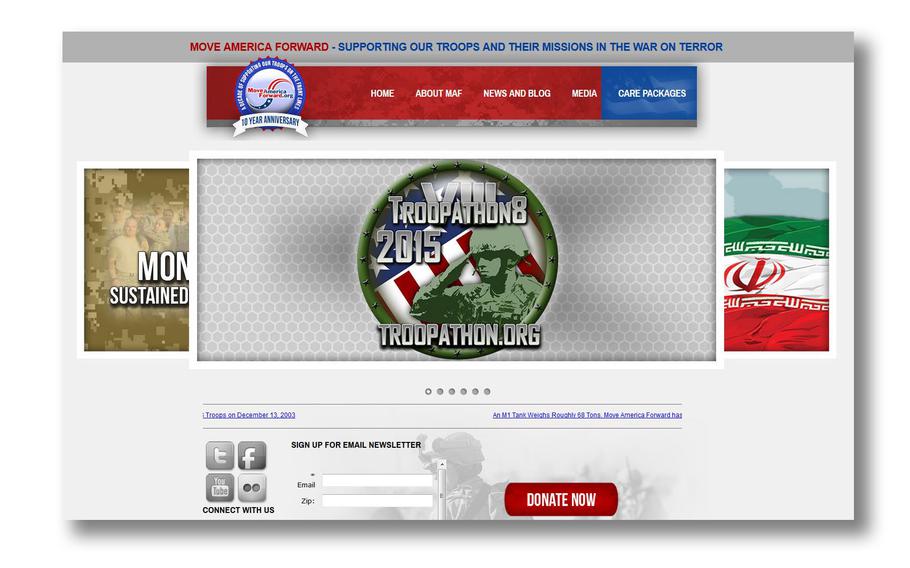 A screenshot of Move America Forward's website. The nonpartisan nonprofit has been accused of overstating the number of troops getting care packages and funneling money to political causes supported by Move America Forward’s longtime political director and Tea Party activist Sal Russo.